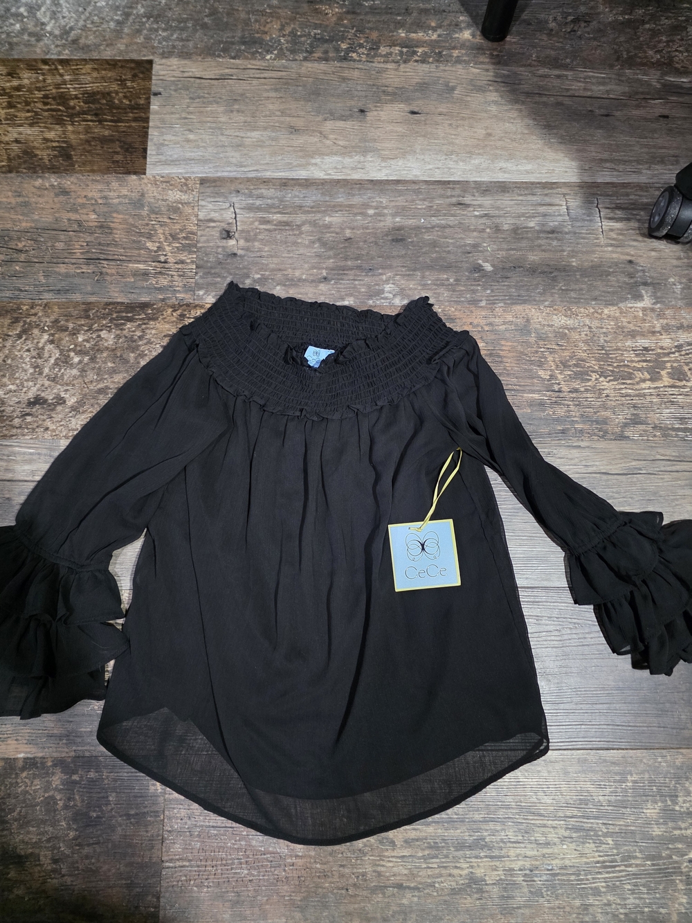 CeCe Black Off-Shoulder Smocked Neck Ruffle Sleeve Top